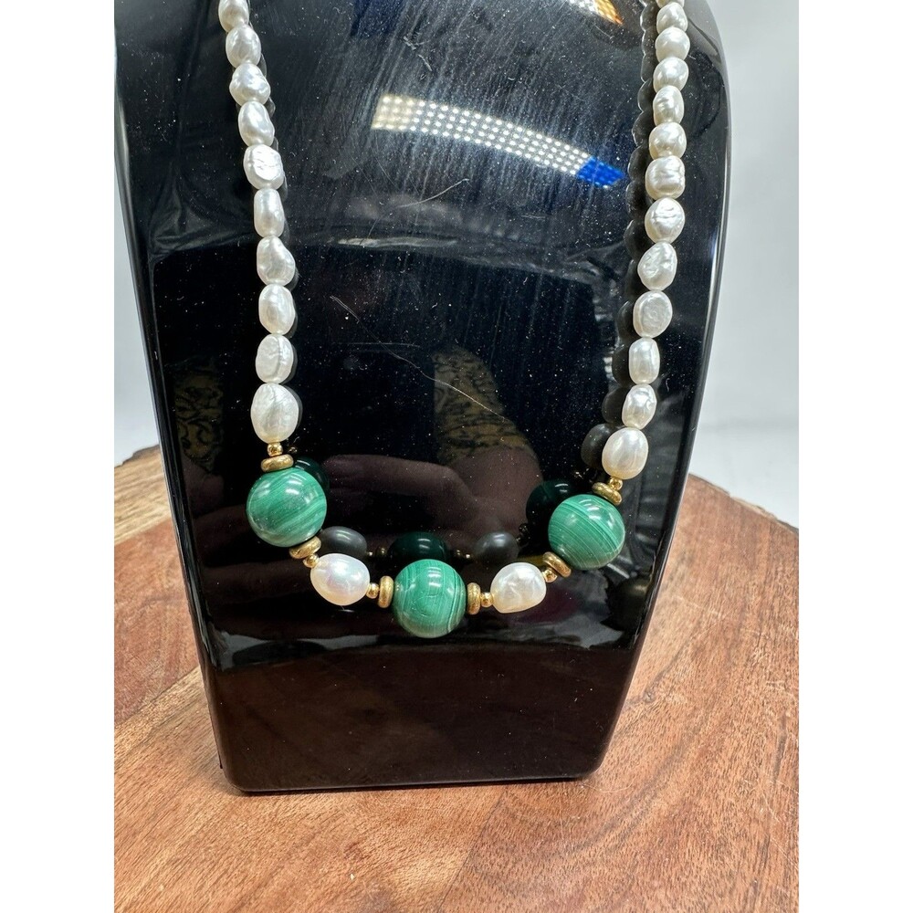 Malachite And Pearl Necklace With Marked Silver Clasp 18”